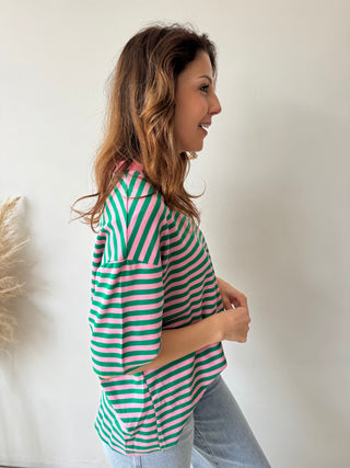 Pink green striped t-shirt
