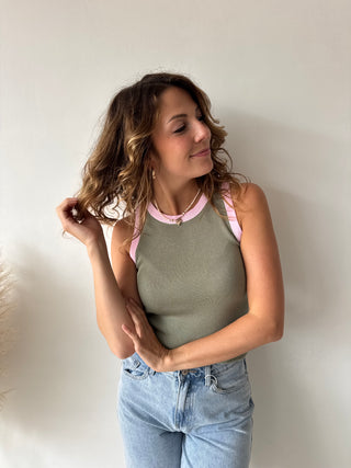 Pink details olive top