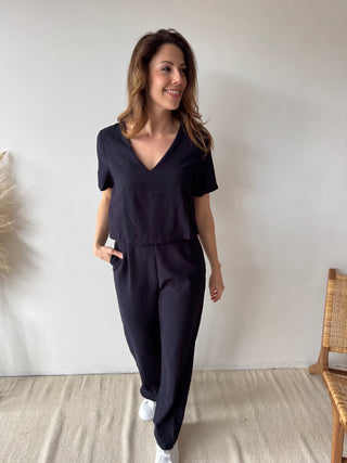 Navy open back linen jumpsuit