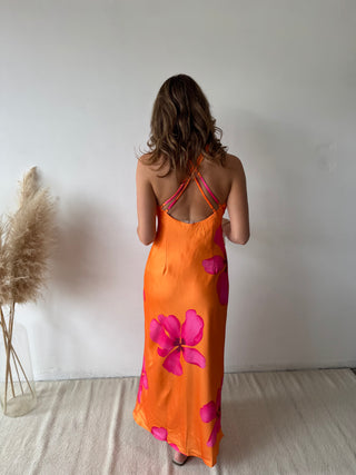 Fuchsia flowers orange dress