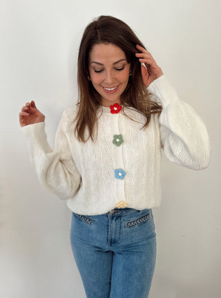 Colorful button flowers white knit