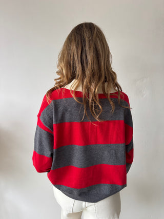 Red grey striped polo sweater
