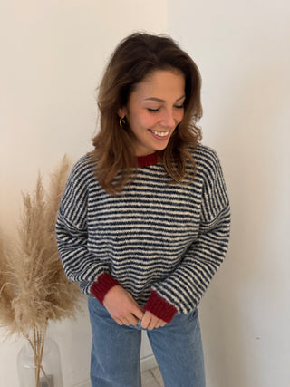 Red details blue striped knit