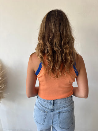 Blue detail orange top
