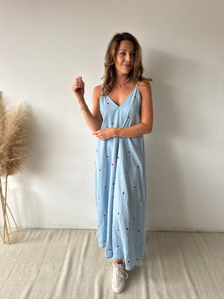 Red hearts blue denim dress
