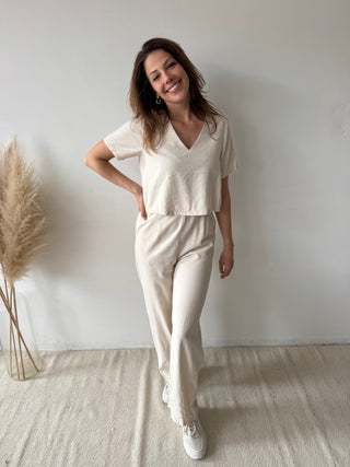 Beige open back linen jumpsuit