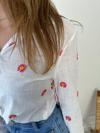 Pink daisies white blouse