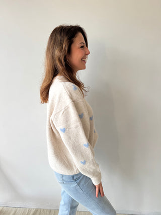 Blue hearts beige knit