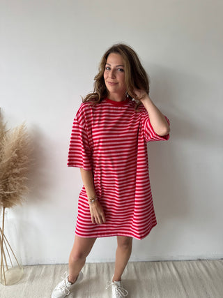 Pink red striped t-shirt dress