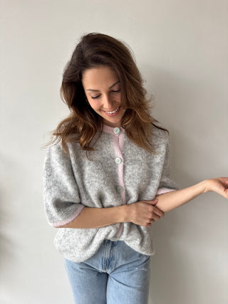 Pink detail grey button knit