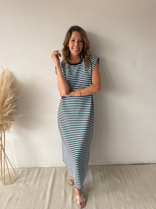 Brown blue striped maxi dress