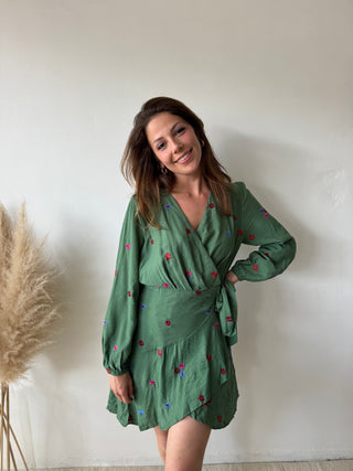 Colorful flowers green wrap dress