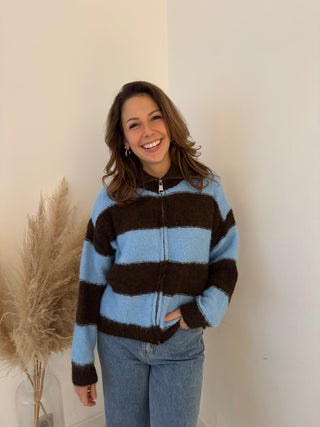 Blue brown soft zipper knit