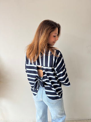 Knot back navy striped top
