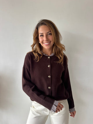Checked details brown button knit