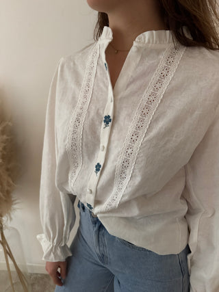 Blue flowers white blouse