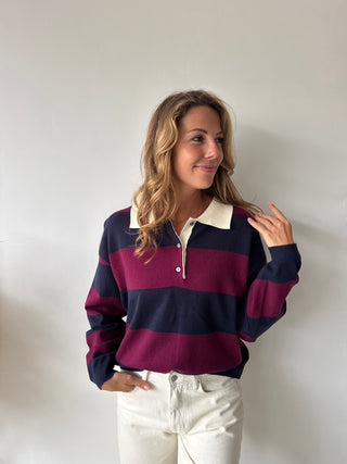 Navy burgundy striped polo sweater
