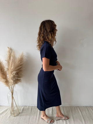 Navy knot split dress