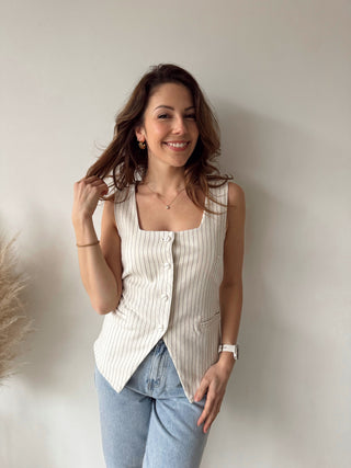 Beige striped button top