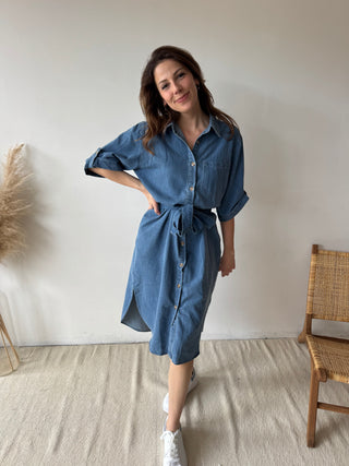 Blue denim midi dress