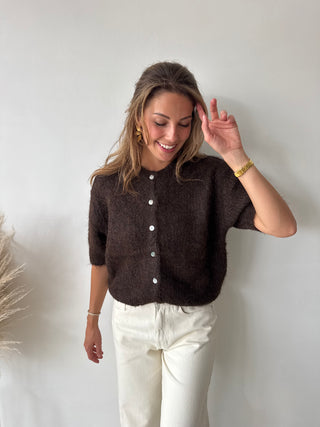 Brown short sleeves button knit