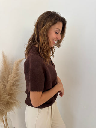 Short sleeves soft brown knit