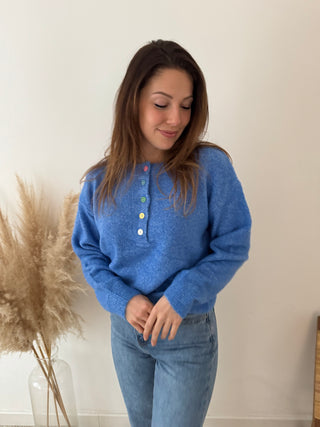 Colorful buttons blue knit