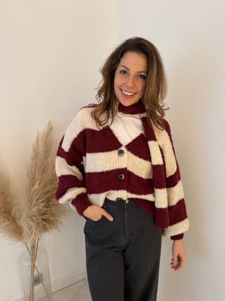 Burgundy beige striped button scarf knit