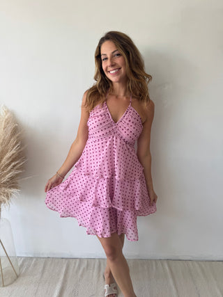 Polka dot pink ruffled dress