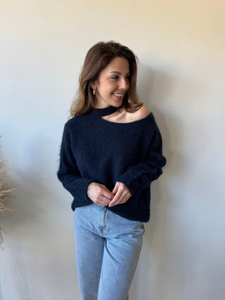 Navy open shoulder soft knit
