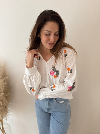 Colorful flowers white blouse