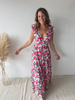 Pink flowers ruffled maxi dress