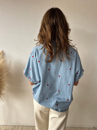 Red hearts denim blouse