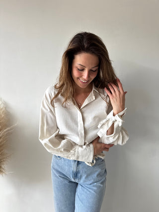 Beige linen bow shirt
