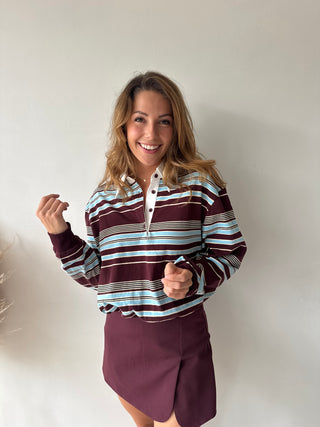 Burgundy blue striped polo