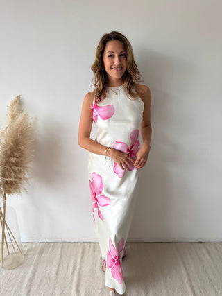 Pink flowers white dress