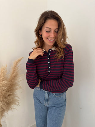 White collar burgundy striped polo