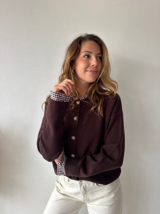 Checked details brown button knit