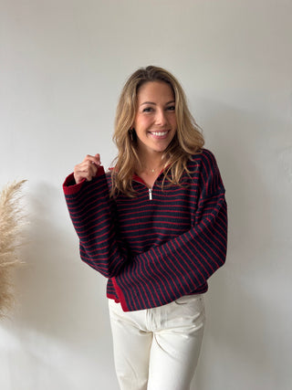 Navy red striped zipper knit