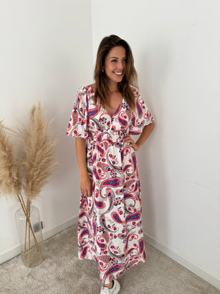 Fuchsia details white dress