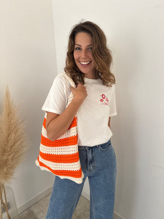 Beige orange crochet bag