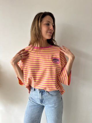 Pink yellow striped amour t-shirt