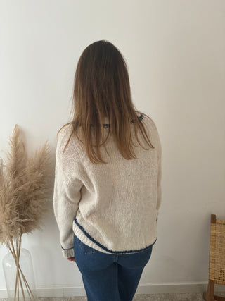 Blue details beige button knit