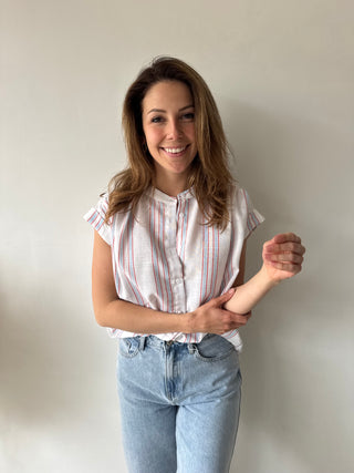 Red blue striped blouse