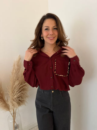 Leopard pocket burgundy blouse