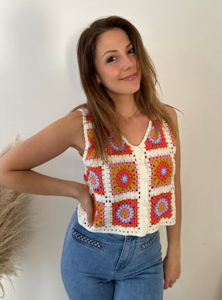 Colorful flowered crochet top
