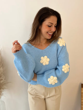 White flowers blue spring knit