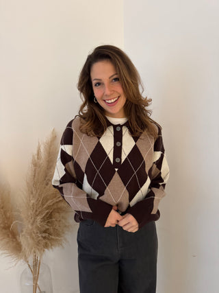 Brown taupe argyle polo knit