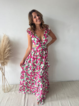 Pink flowers ruffled maxi dress