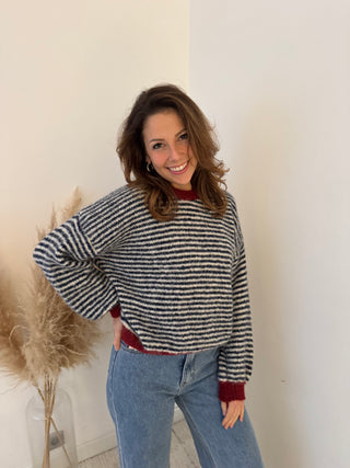 Red details blue striped knit